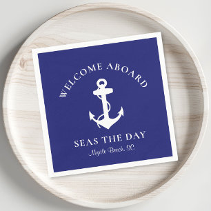 Boat Anchor Personalized Welcome Aboard Navy Blue Servet