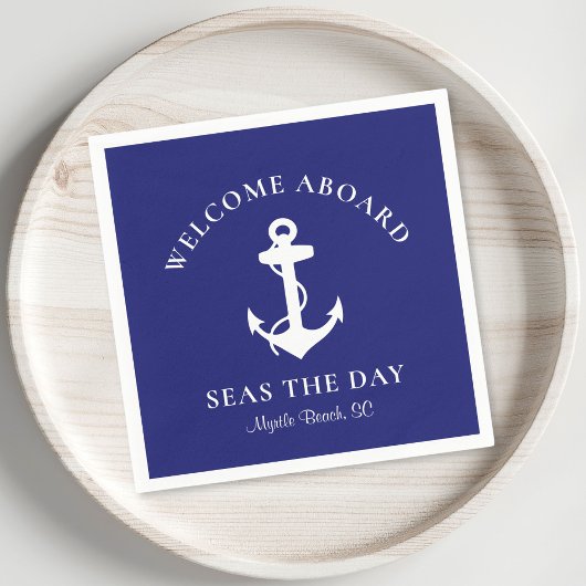 Boat Anchor Personalized Welcome Aboard Navy Blue Servet