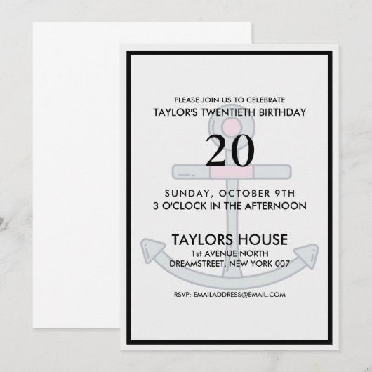Boat Anchor Trendy Custom Birthday Party Kaart (Voorkant / Achterkant)