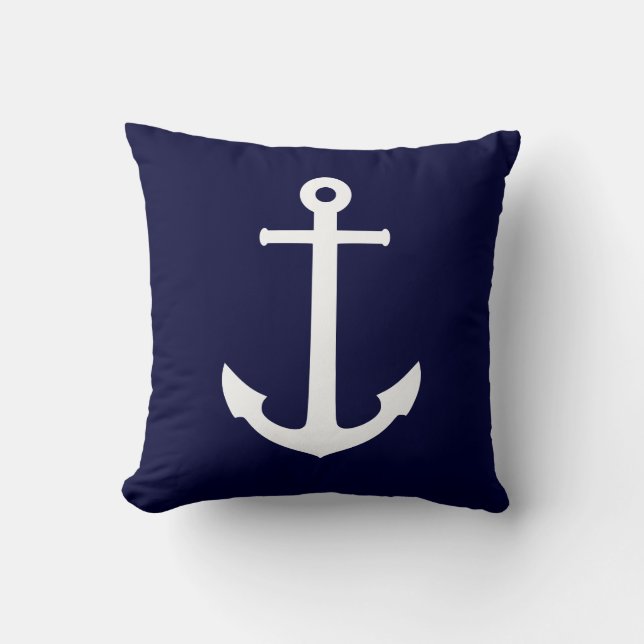 Boat Anchor White op marineblauw Kussen (Voorkant)