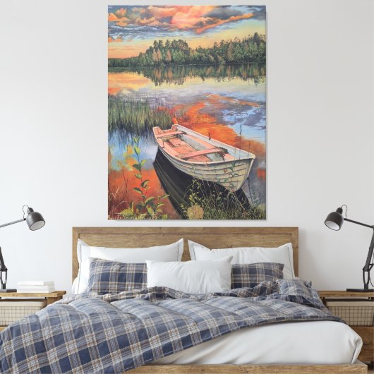 Boat at Sunset: Realistic Lake Reflection wall Art Canvas Afdruk (Insitu (Slaapkamer))