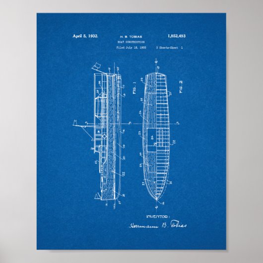 Boat Construction Patent - Blueprint Poster (Voorkant)