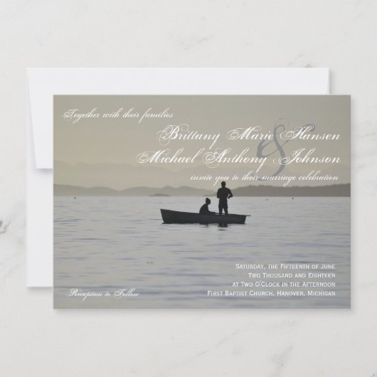 Boat & Couple Silhouette Lake Wedding Invitation Kaart (Voorkant)
