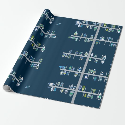 Boat Docks - Greens on Navy Cadeaupapier (Uitgerold)