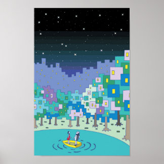 Boat floating on the lake and a starry sky. poster
