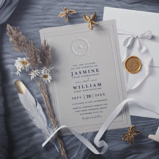 Boat Helm Faux Embossed Elegant QR Code Wedding Kaart