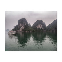Boat in Misty Halong Bay Rock Islands, Vietnam