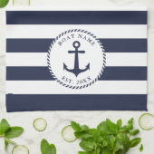 Boat Naam Anchor Navy Blue White Stripes Nautical Theedoek (Gevouwen)