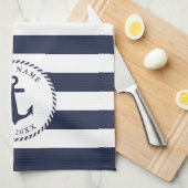 Boat Naam Anchor Navy Blue White Stripes Nautical Theedoek (Quarter Fold)