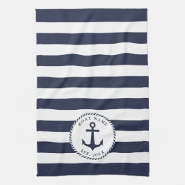 Boat Naam Anchor Navy Blue White Stripes Nautical Theedoek