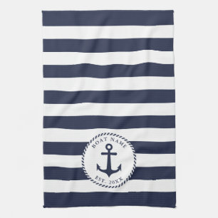 Boat Naam Anchor Navy Blue White Stripes Nautical Theedoek