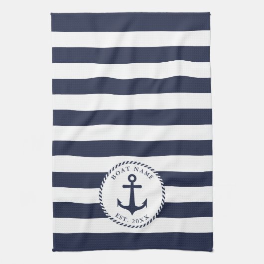 Boat Naam Anchor Navy Blue White Stripes Nautical Theedoek (Verticaal)