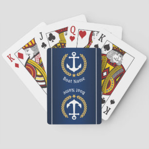 Boat Name Anchor Gold Laurel Rope Stripe Navy Pokerkaarten