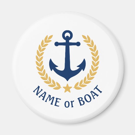 Boat Name Anchor Gold Style Laurel blue white Magneet (Voorkant)