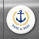 Boat Name Anchor Gold Style Laurel blue white Magneet<br><div class="desc">Een gepersonaliseerde ronde magneet met uw bootnaam,  familienaam of andere gewenste tekst zoals nodig. Met een aangepast nautisch bootanker,  gouden laurelbladeren en sterembleem op wit of pas de primaire kleur eenvoudig aan op het huidige thema.</div>