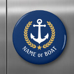 Boat Name Anchor Gold Style Laurel Star Blue Magneet<br><div class="desc">Een gepersonaliseerde ronde magneet met uw bootnaam,  familienaam of andere gewenste tekst zoals nodig. Met een aangepast nautisch bootanker,  gouden laurelbladeren en sterembleem op blauw of pas de primaire kleur eenvoudig aan op uw huidige thema.</div>