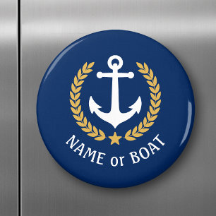 Boat Name Anchor Gold Style Laurel Star Blue Magneet