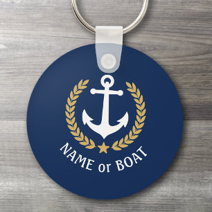 Boat Name Anchor Gold Style Laurel Star Blue Sleutelhanger