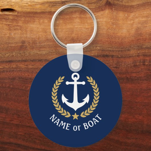 Boat Name Anchor Gold Style Laurel Star Blue Sleutelhanger (Voorkant)