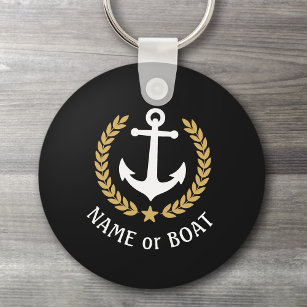 Boat Name Anchor Gold Style Laurel Star Navy Black Sleutelhanger