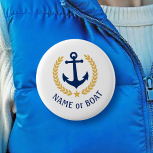 Boat Name Anchor Gold Style Laurel Star Navy White Ronde Button 3,2 Cm