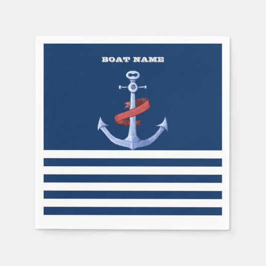 Boat Name Anchor, Navy Blue Stripes Servet (Voorkant)