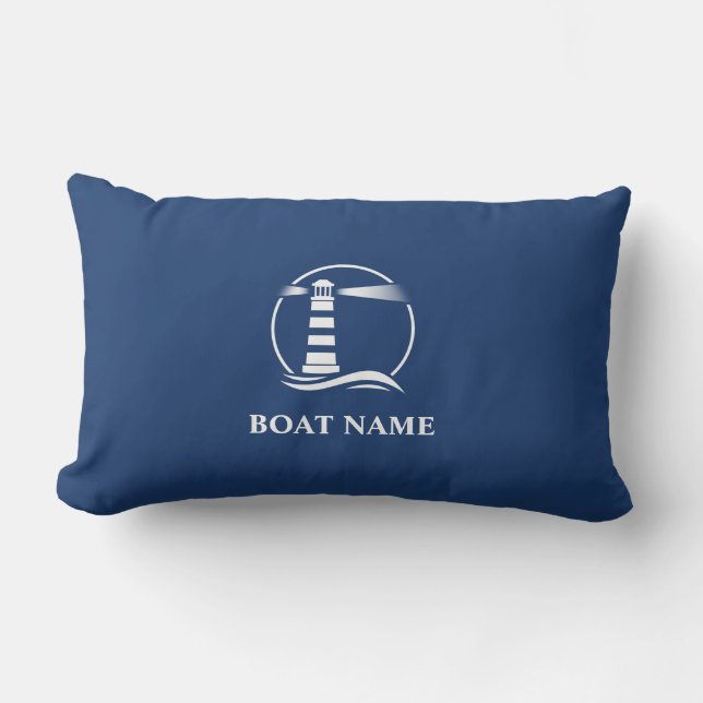 Boat Name Classic Nautical Lighthouse Navy Blue Buitenkussen (Voorkant)