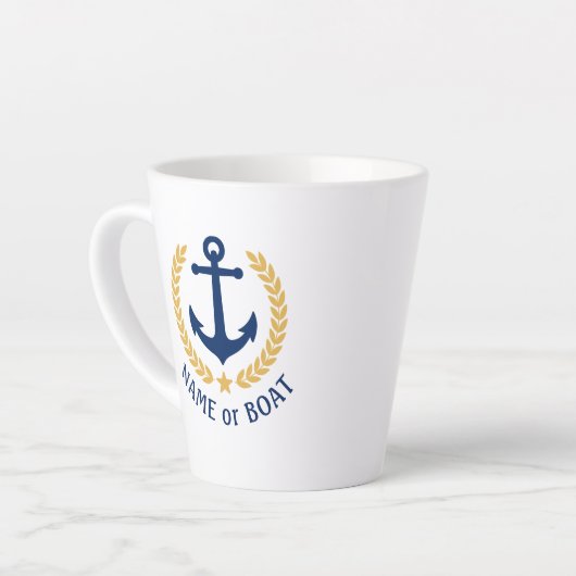 Boat Name Nautical Anchor Gold Laurel Star Latte Mok (Linkerhoek)