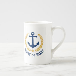 Boat Name Nautical Anchor Gold Style Laurel Navy Porselein Kop