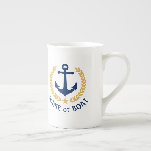 Boat Name Nautical Anchor Gold Style Laurel Navy Porselein Kop (Rechts)