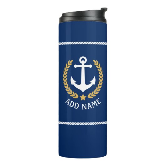 Boat Name Nautical Anchor Gold Style Laurel Navy Thermosbeker (Gedraaid links)