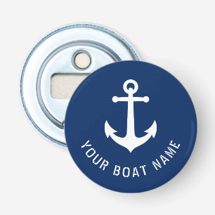 Boat Name Nautical  Anchor Navy Blue White Button Flesopener