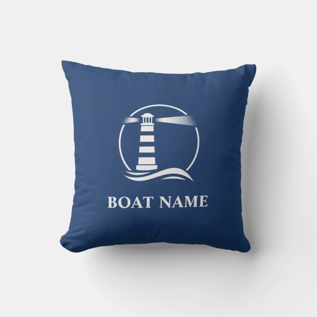 Boat Name Nautical Classic Lighthouse Navy Blue Buitenkussen (Voorkant)