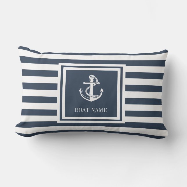 Boat Name Navy Blue Striped Nautical Anchor Buitenkussen (Voorkant)