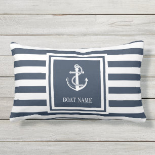 Boat Name Navy Blue Striped Nautical Anchor Buitenkussen