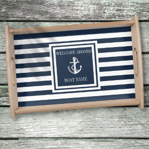 Boat Name Navy Blue Striped Nautical Anchor Dienblad