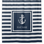 Boat Name Navy Blue Striped Nautical Anchor Douchegordijn (Voorkant)