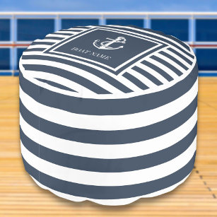 Boat Name Navy Blue Striped Nautical Anchor Pouf Poef