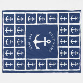 Boat Name Navy Blue White Anchors Nautical Fleece Deken (Voorkant (Horizontaal))