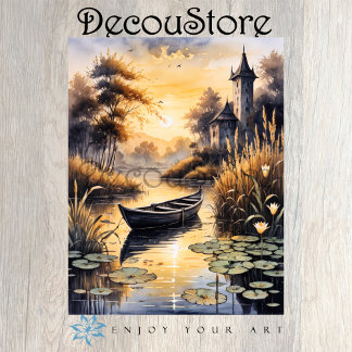 Boat on a Lake at Sunset Decoupage Tissuepapier