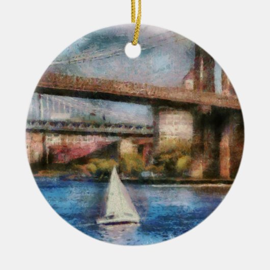 Boat - Zeilen onder de Brooklyn Bridge Keramisch Ornament (Voorkant)