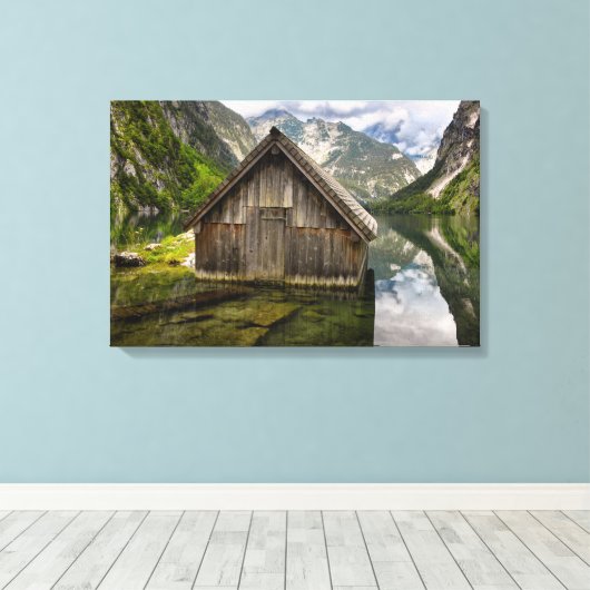 Boathouse in het Obersee-meer in Alpen in Duitslan Canvas Afdruk (Insitu (Houten vloer))