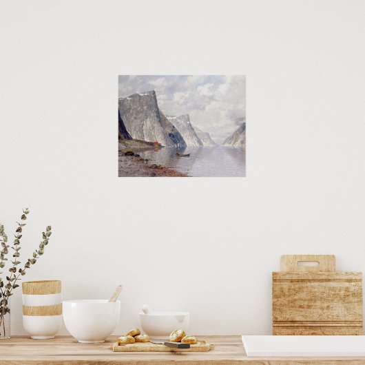 Boating op een Noorse Fjord (olie op canvas) Poster (Keuken)
