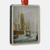 Boats Approaching a Whale, gegraveerd door Matthew Metalen Ornament (Rechts)