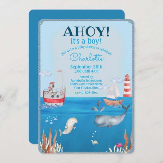 Boats en under the Zee Waterverf Boy Baby shower Kaart (Voorkant / Achterkant)