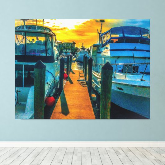 Boats in de Harbour Sunset Canvas Afdruk (Insitu (Houten vloer))