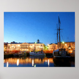 Boats op het Helsinki Market Square op de avond Poster