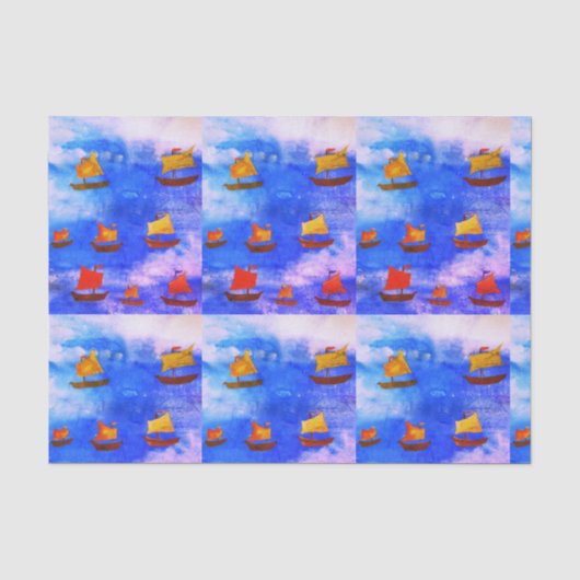 Boats waterverf Blauw Zee Custom Tissue Paper Tissuepapier (Voorkant)