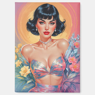 Bob Cut met Bangs Brunette Pin-Up Pastel Bloemen Magneet