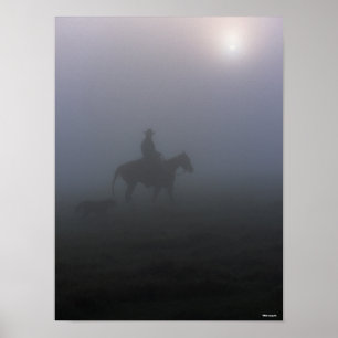 Bob Langrish   Cowboy die in een mist met een hond Poster
